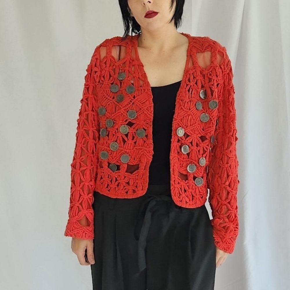 Red Cotton Cardigan with Medallions